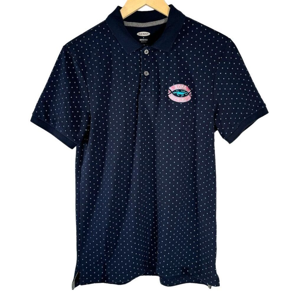 Old Navy Men's Blue Dot Polo Shirt Embroidered Kona Logo Short Sleeve Collared S
